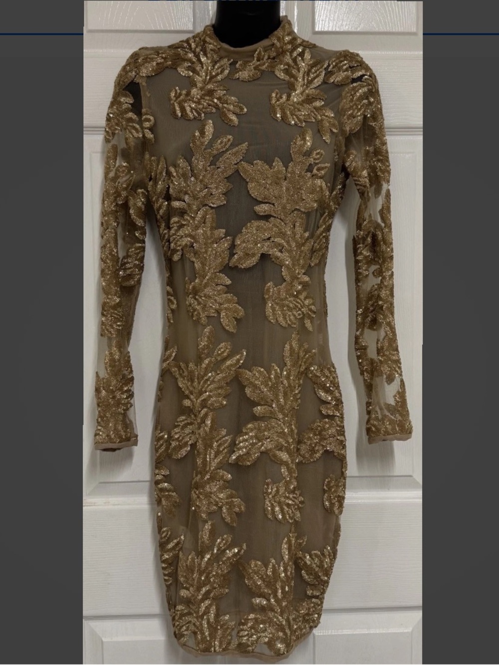 NWT House Of CB Astraea Gold Sequin NYE Glam Bodycon Sheer Full Zip Dress S 4 6